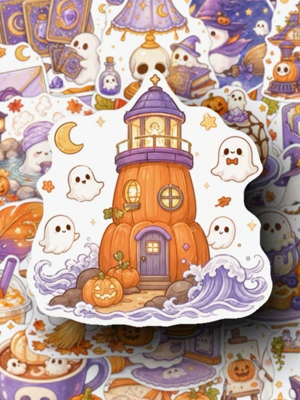 50 Halloween Cute Ghost Stickers Purple Orange Reading Baking Cleaning Desserts - Picture 7 of 16